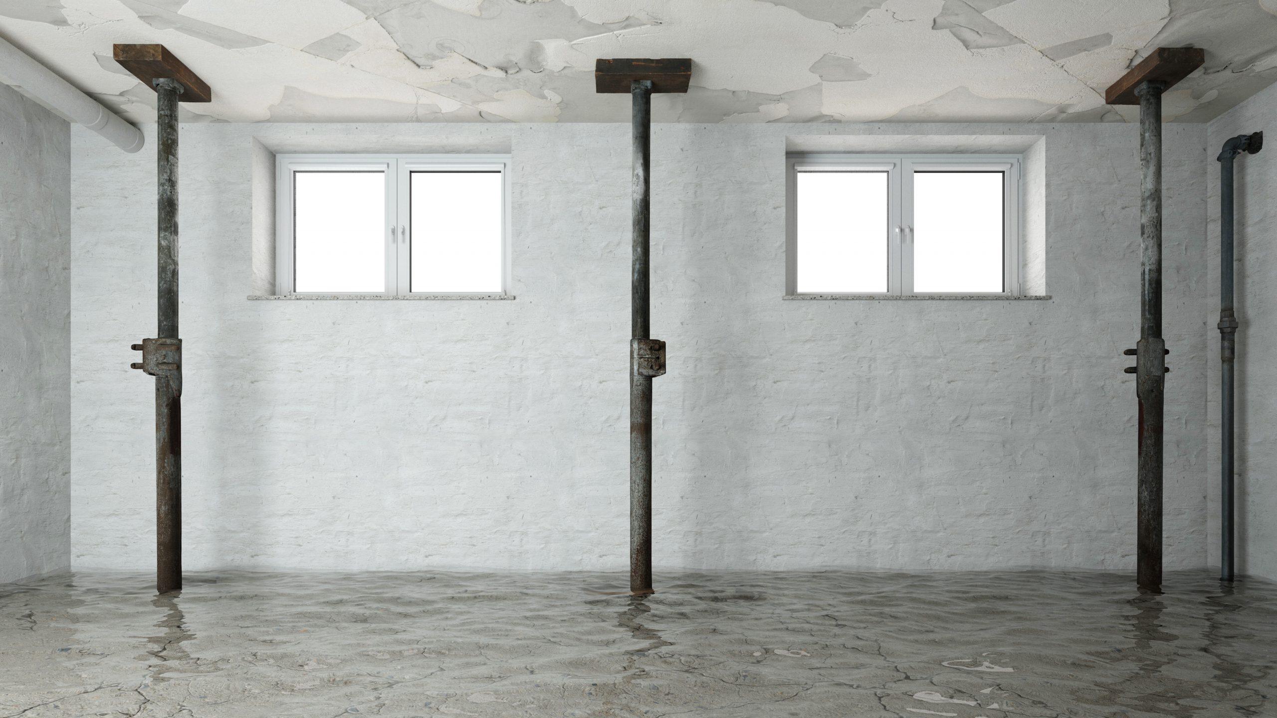 Garage humide avec de l'eau au sol après une infiltration