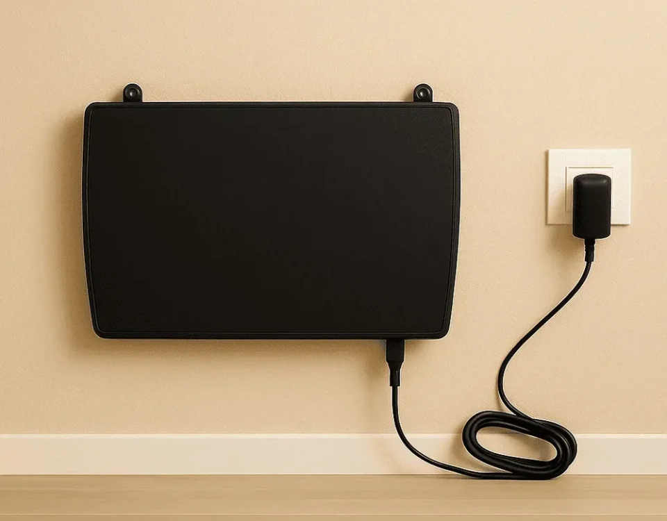 Black device fixed to a wall and connected to the mains