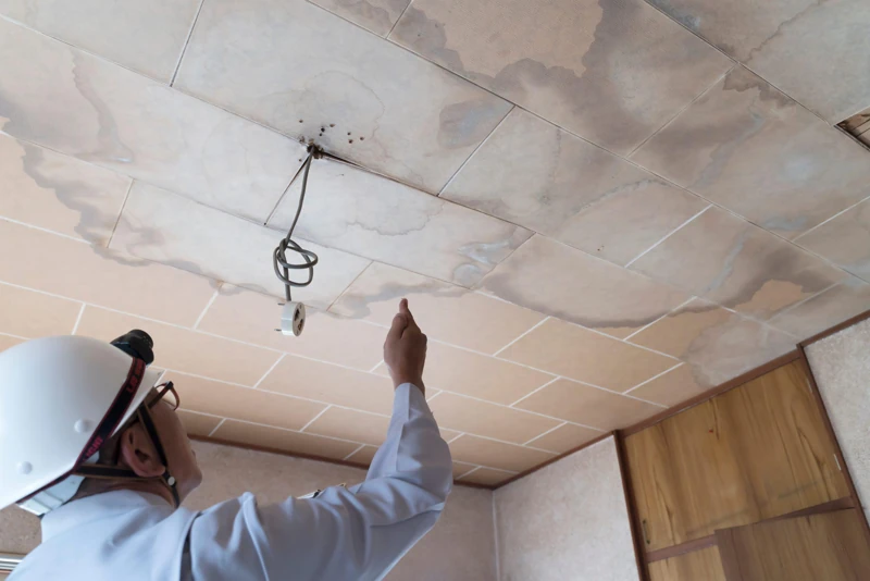 Person pointing to signs of water infiltration and damage on a ceiling