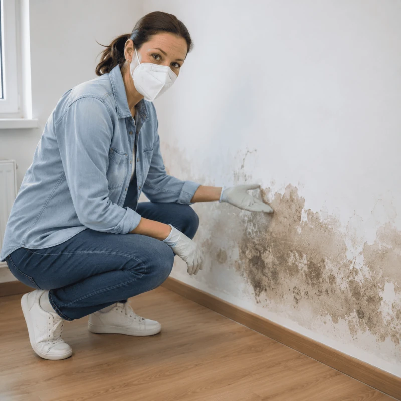 Femme près d’un mur présentant des traces d’humidité et un revêtement dégradé