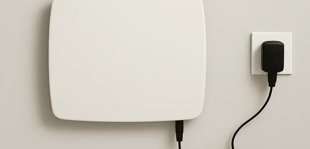 White device fixed to a wall and connected to the mains