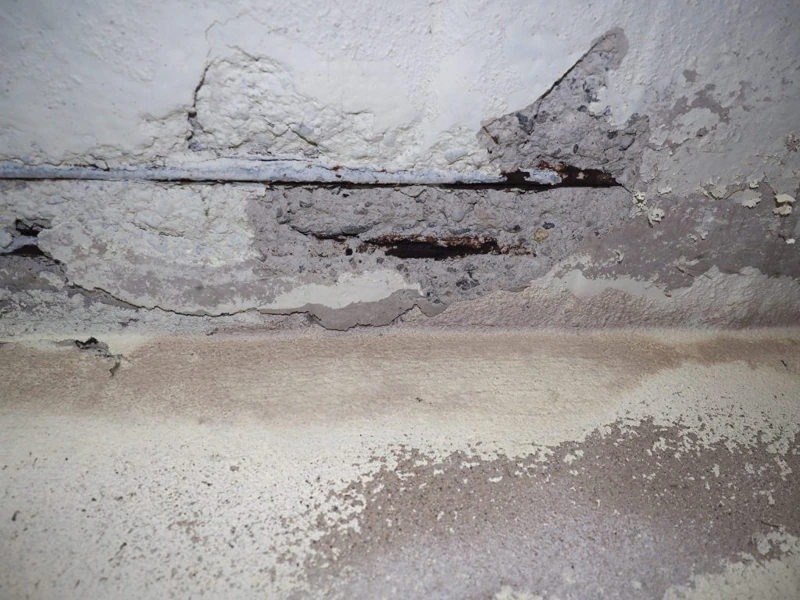 Plaster deteriorating at the foot of a wall in a damp area